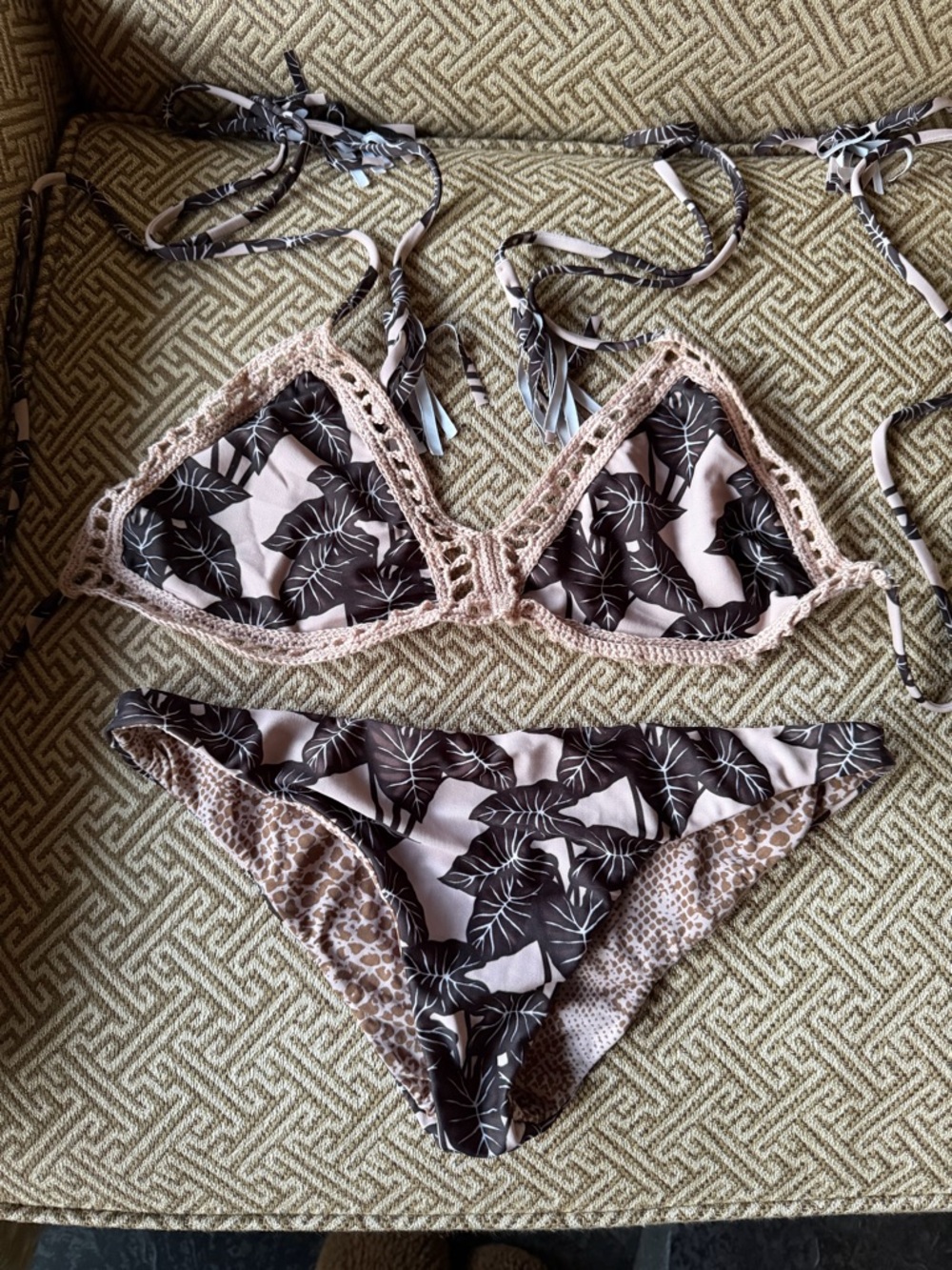 acacia swimwear Baby pink and Black Leaf Print Crochet Trim Bikini